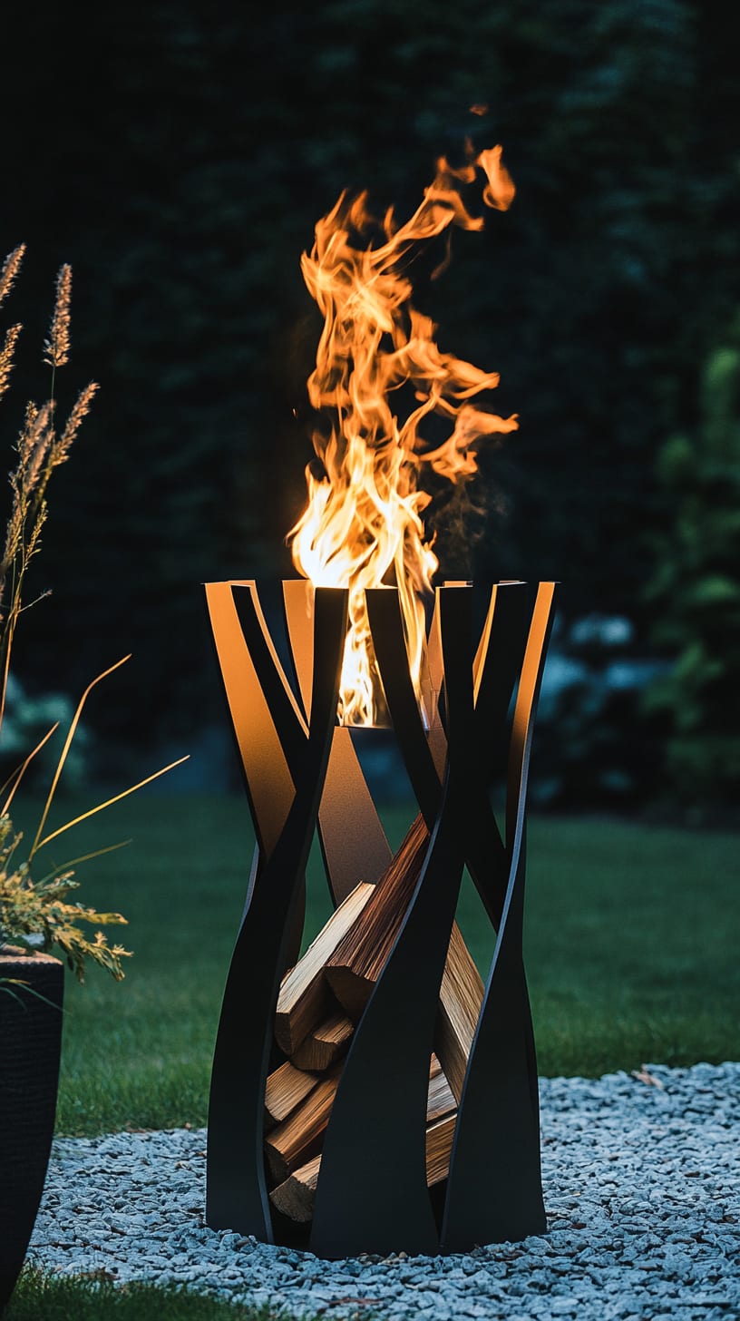 A modern outdoor fire pit made of black steel, featuring flames and burning wood, surrounded by a grassy area under a night sky.