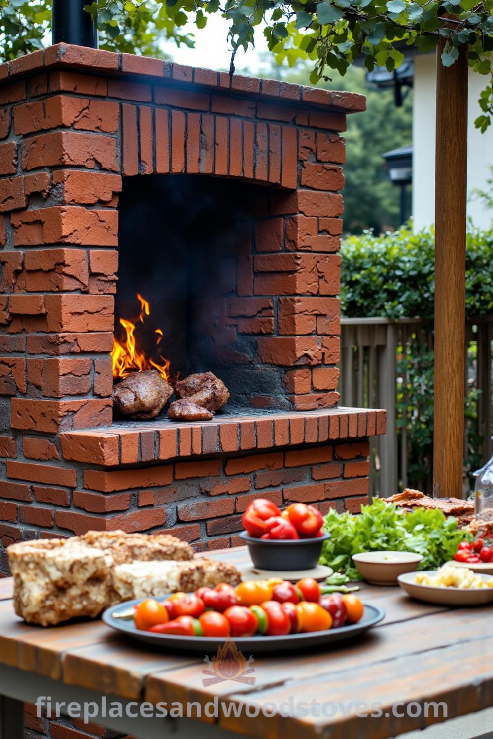 Traditional brick outdoor barbecue in a sun-drenched backyard, featuring a classic grill with flickering flames, a weatherworn picnic table with skewered vegetables and marinated meats, creating a cozy atmosphere for gatherings with friends and family. Website: fireplacesandwoodstoves.com.