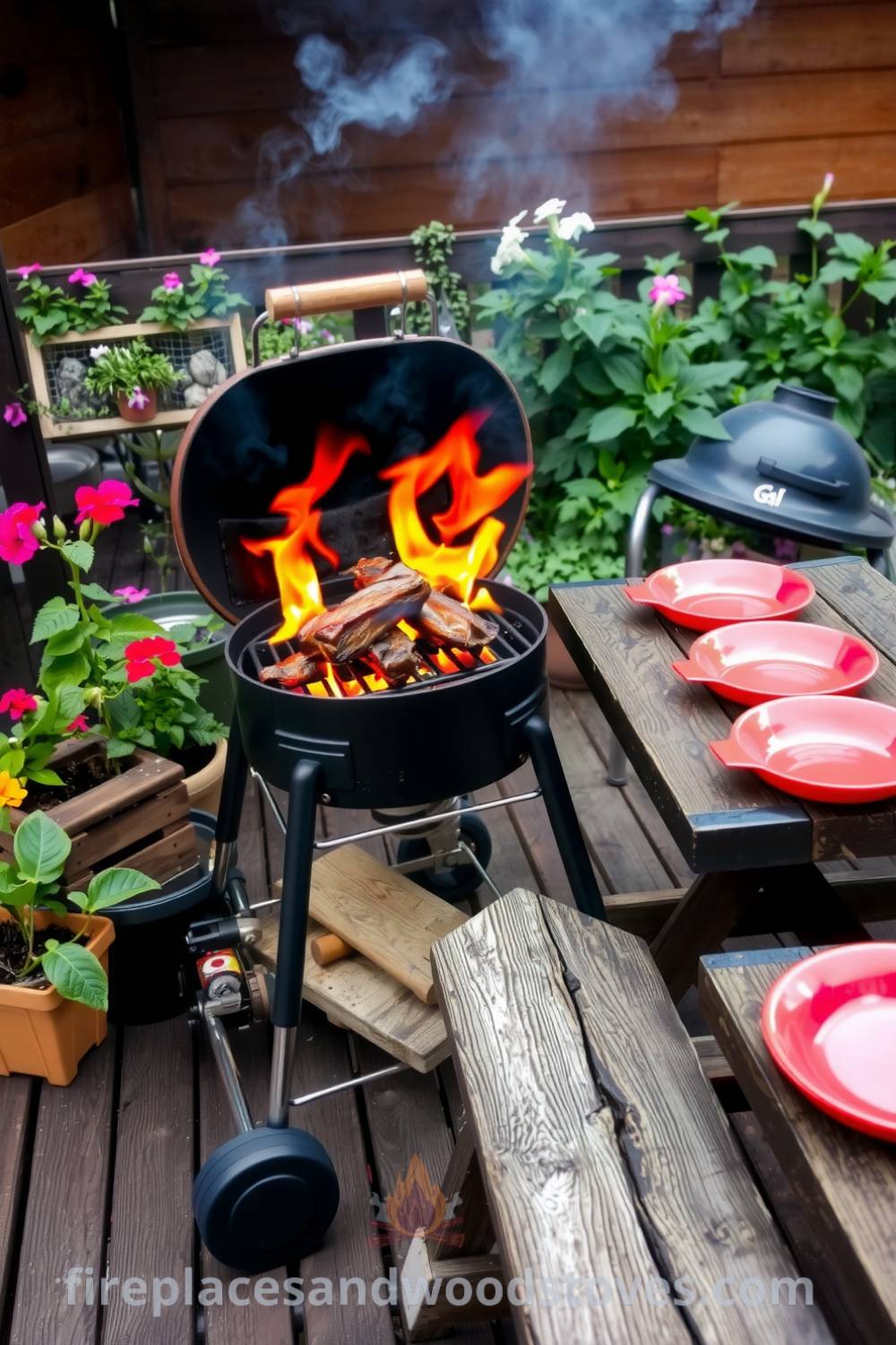 Charcoal barbecue on a weathered wooden deck surrounded by potted herbs and blooming flowers, with vibrant plates on a rustic picnic table, creating an inviting atmosphere for summer gatherings, perfect for inspiring cozy home decor ideas at fireplacesandwoodstoves.com.
