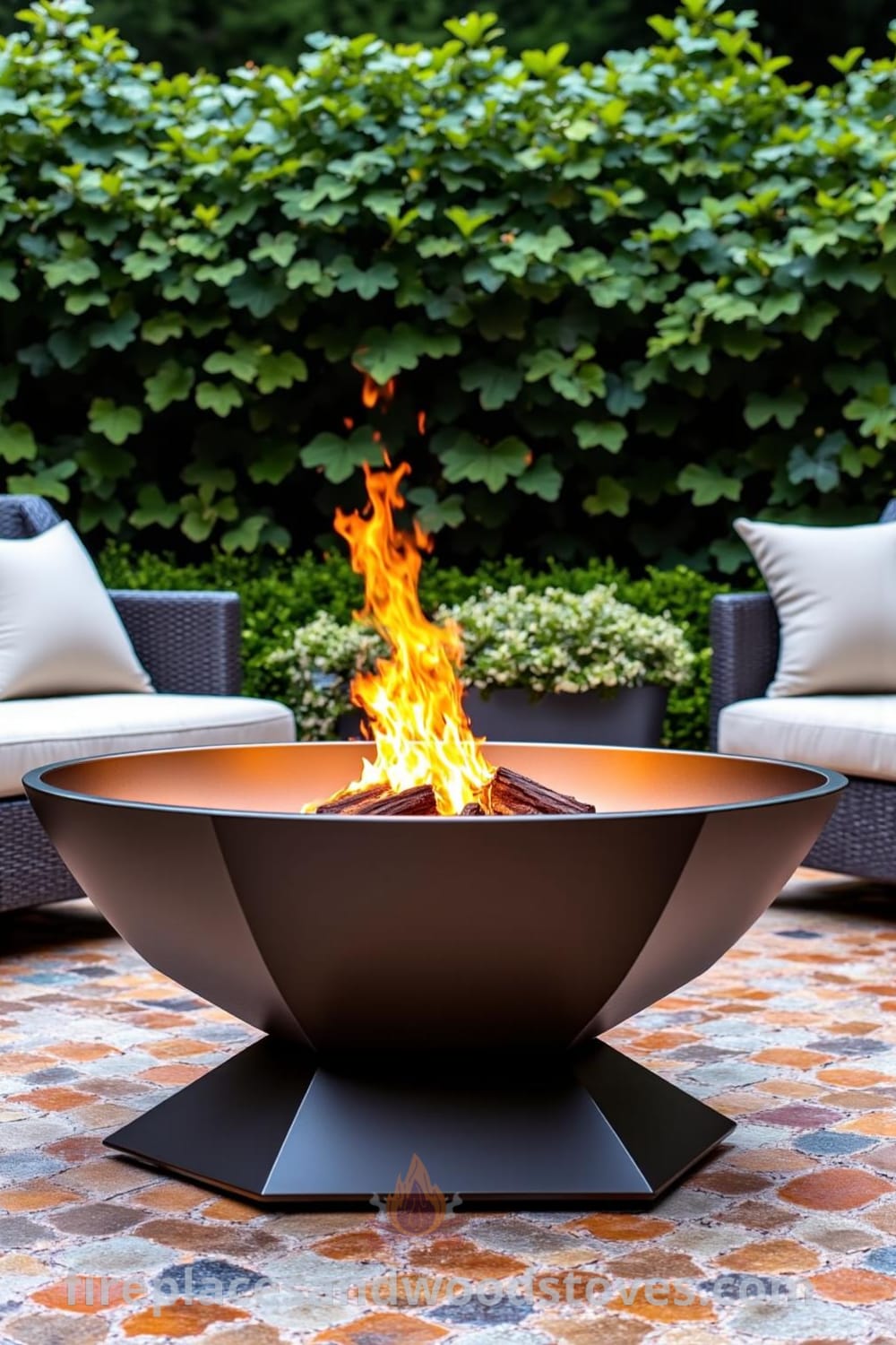 Art Deco fire pit in a modern patio featuring bold geometric design, flickering flames illuminating polished metal, surrounded by plush outdoor cushions and lush greenery, creating a cozy atmosphere for gatherings, inspiring decor ideas at fireplacesandwoodstoves.com.