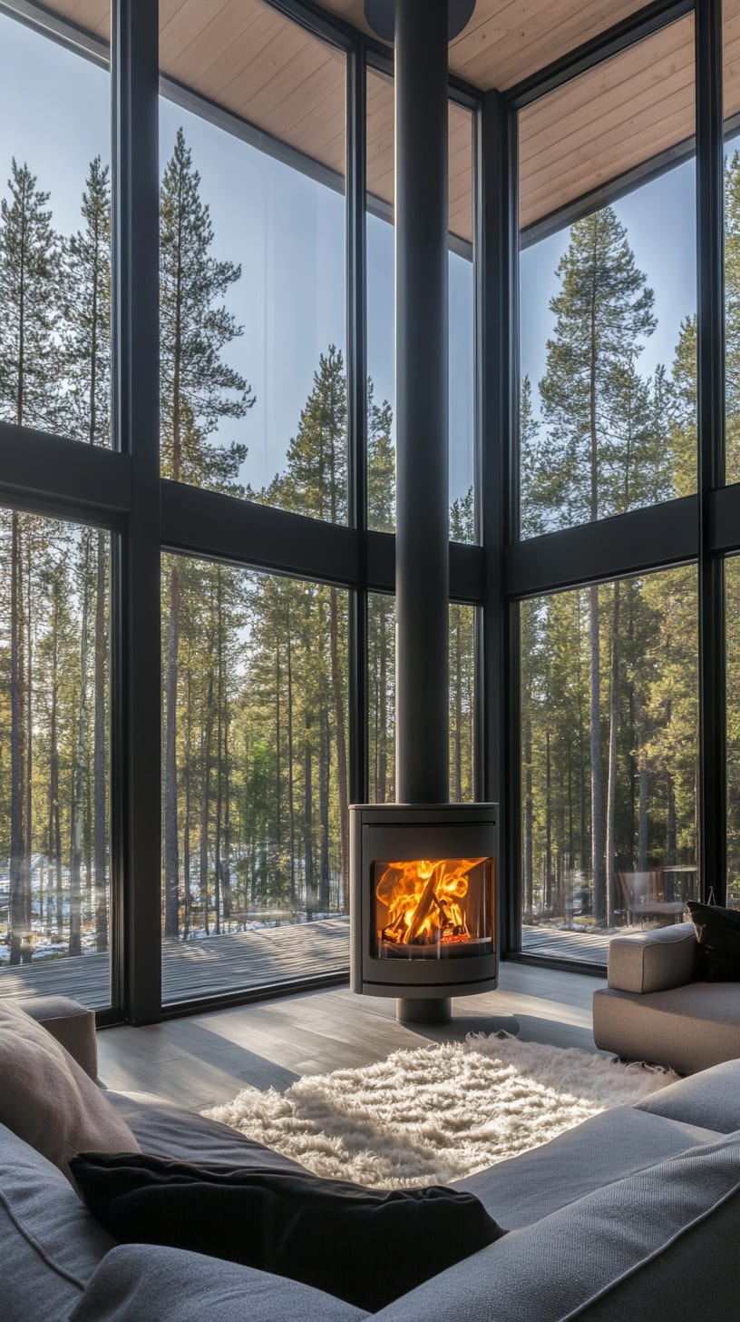 A modern living room featuring a wood-burning stove, large panoramic windows overlooking a Finnish forest and lake, creating a cozy and inviting atmosphere.