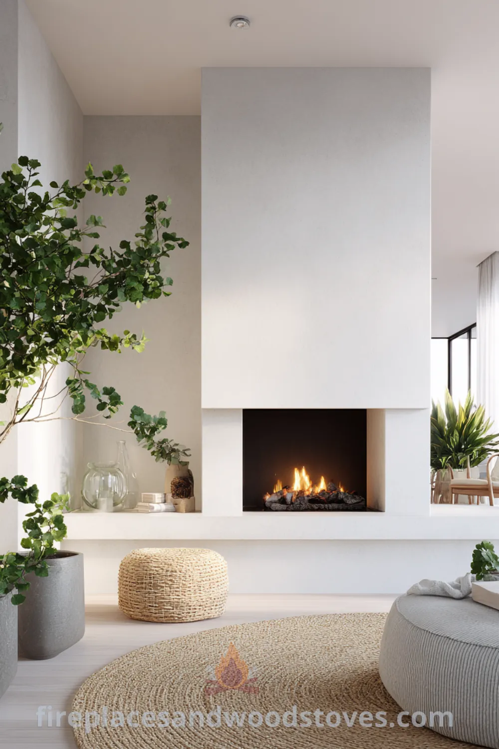 Bedroom featuring a serene nordic fireplace, jute rug, vibrant potted plants, and scandinavian earthy bedroom fireplace decor.