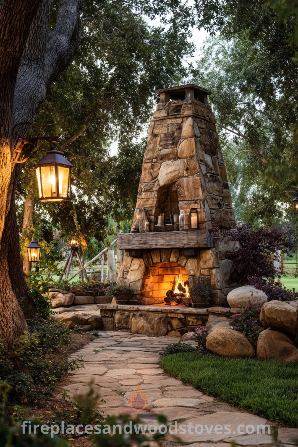Outdoor space featuring a charming farmhouse fireplace with stacked stone, reclaimed wood mantel, and cozy gathering area ambiance.