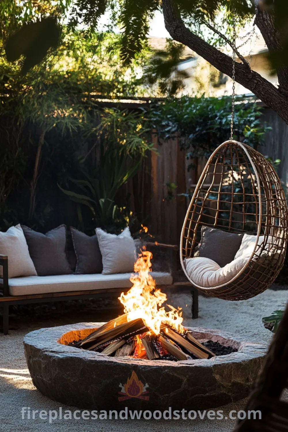 Charming backyard fire pit area on fireplacesandwoodstoves.com, featuring cozy fire pit seating, outdoor decor inspirations, and ideas for your home to enhance backyard improvements.