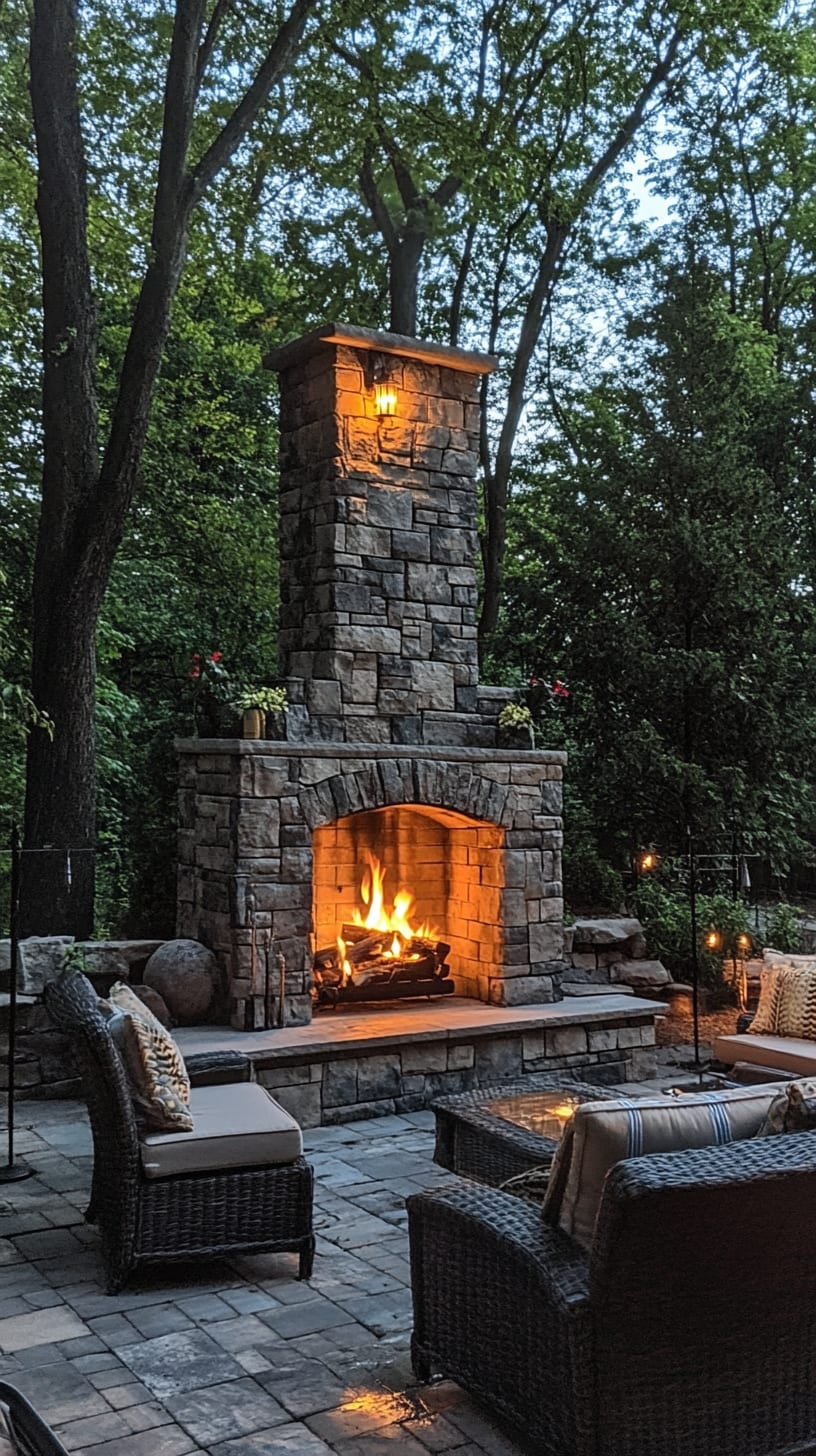 A cozy outdoor fireplace made of stone with surrounding seating, illuminated by the warm glow of the fire and soft lighting amidst trees and plants.