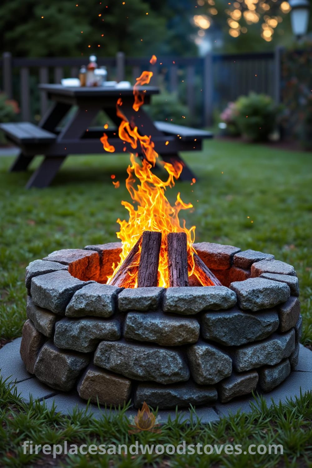 Cozy fire pit in a grassy backyard surrounded by rough-hewn logs, with flickering flames casting a warm glow, showcasing rustic decor ideas and cozy inspirations for your home. Visit fireplacesandwoodstoves.com for more unique ideas.