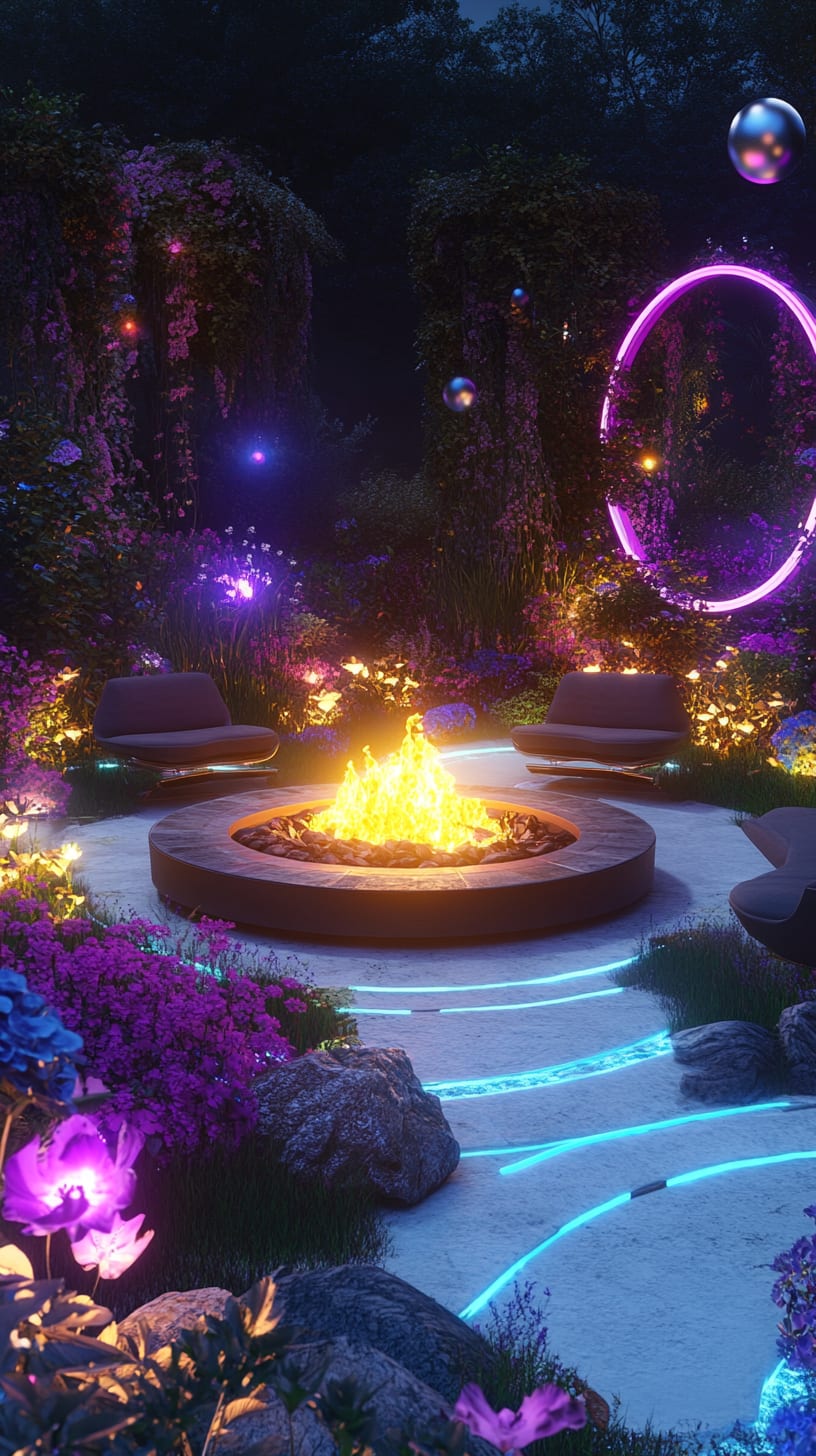A vibrant garden with a fire pit surrounded by colorful flowers and neon lights, featuring comfortable seating and floating bubbles under the night sky.
