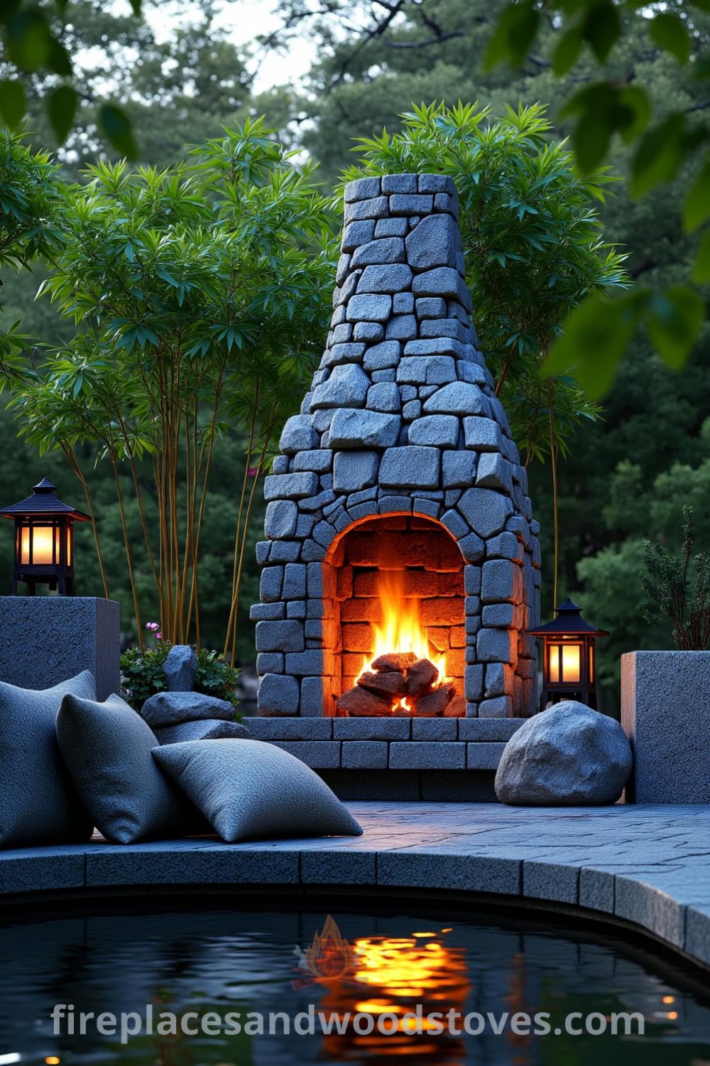 Japanese Zen outdoor fireplace nestled in a tranquil garden, framed by bamboo, stone lanterns, and a serene water feature, reflecting a cozy atmosphere with inviting cushions on a bench, perfect for peaceful relaxation. For cozy ideas and decor inspirations, visit fireplacesandwoodstoves.com.