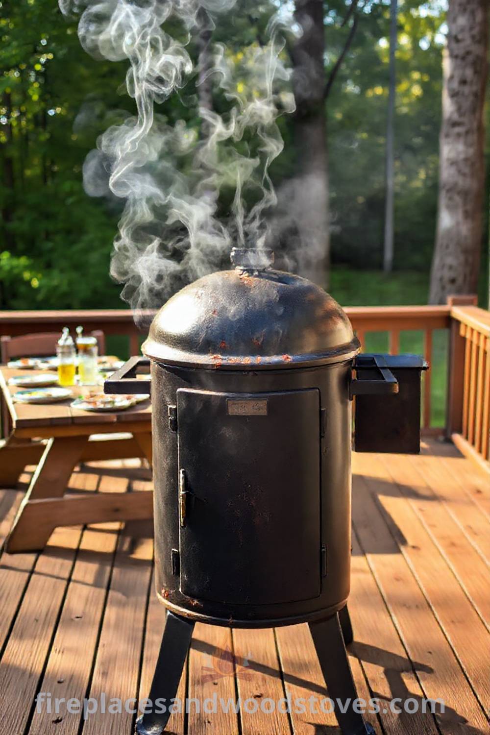 Vertical smoker barbecue on a wooden deck with wisps of smoke rising, set against a picnic table with mismatched plates, creating a cozy outdoor atmosphere, perfect for feasting with friends and family. Visit patioandhomefurniture.com for stylish designs transforming your backyard.