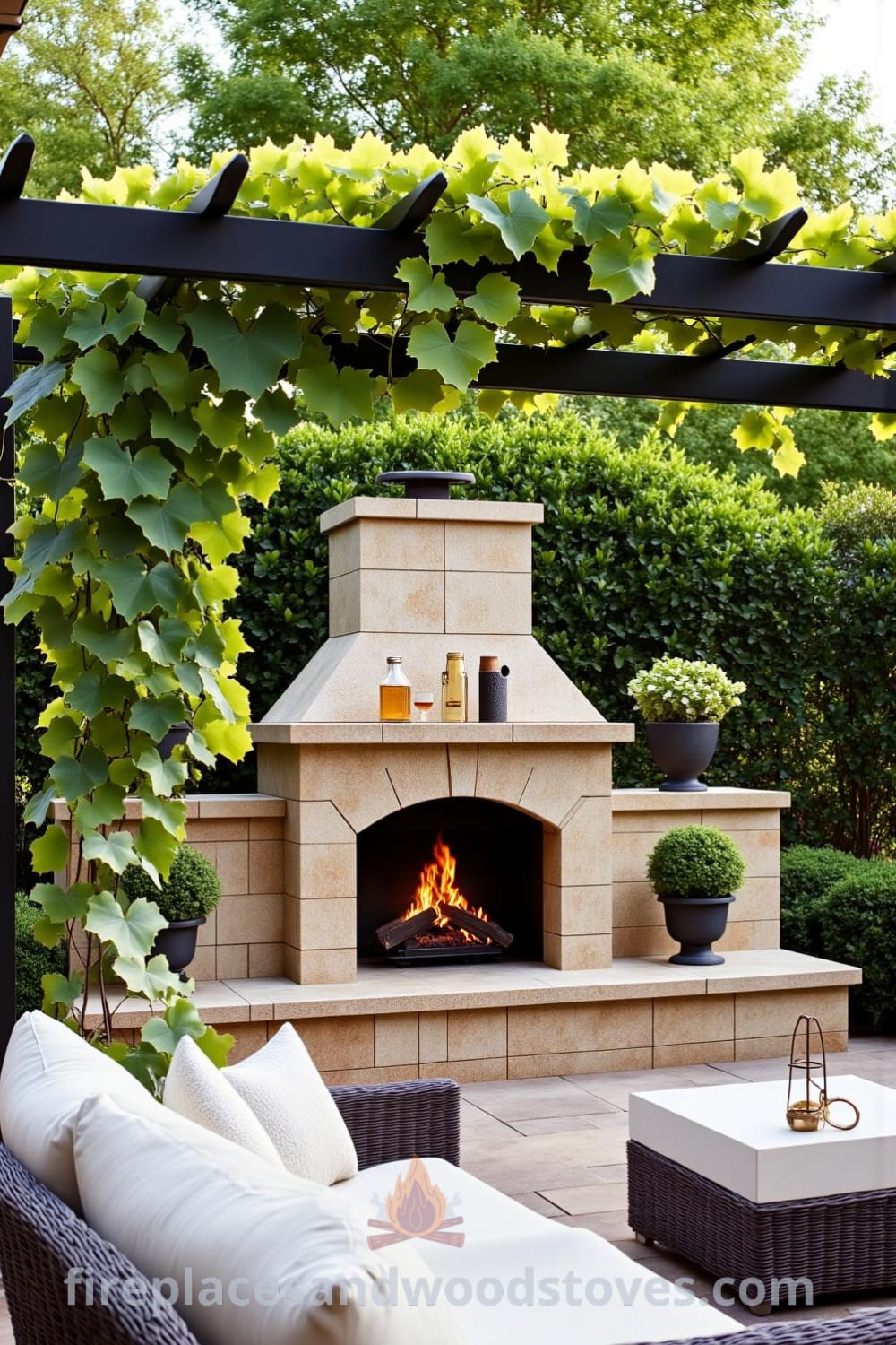 Outdoor fireplace integrated into a pergola in a lush garden with a warm fire flickering above, stone base showcasing natural materials, and comfortable seating, providing cozy ideas for your home from fireplacesandwoodstoves.com.
