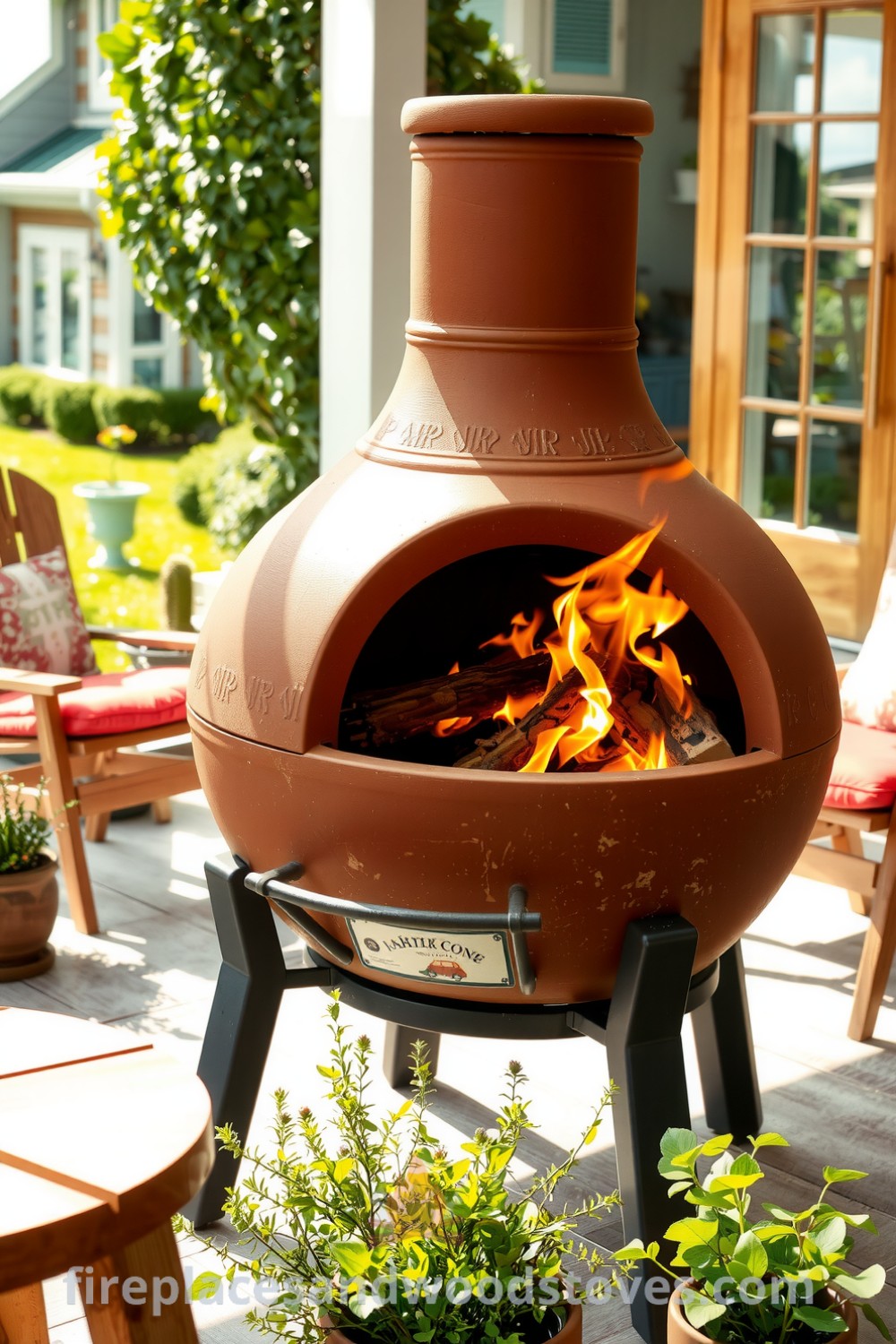 Bohemian clay outdoor barbecue on a sunny patio, surrounded by potted herbs, mismatched wooden chairs, and colorful cushions, creating a cozy outdoor cooking space with warm, inviting flames at fireplacesandwoodstoves.com.