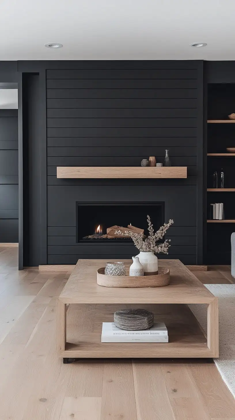 A modern minimalist living room featuring a black shiplap fireplace wall, light wood floors, and an airy atmosphere, showcasing a simple and stylish design.