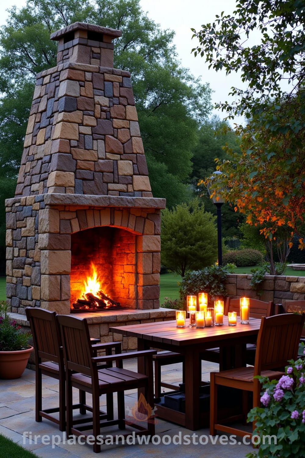 Rustic stone outdoor fireplace in a beautifully landscaped garden, featuring flickering flames, mismatched chairs, and a weathered wooden table with candles, creating a cozy gathering space and offering inspiring design ideas for your home at fireplacesandwoodstoves.com.