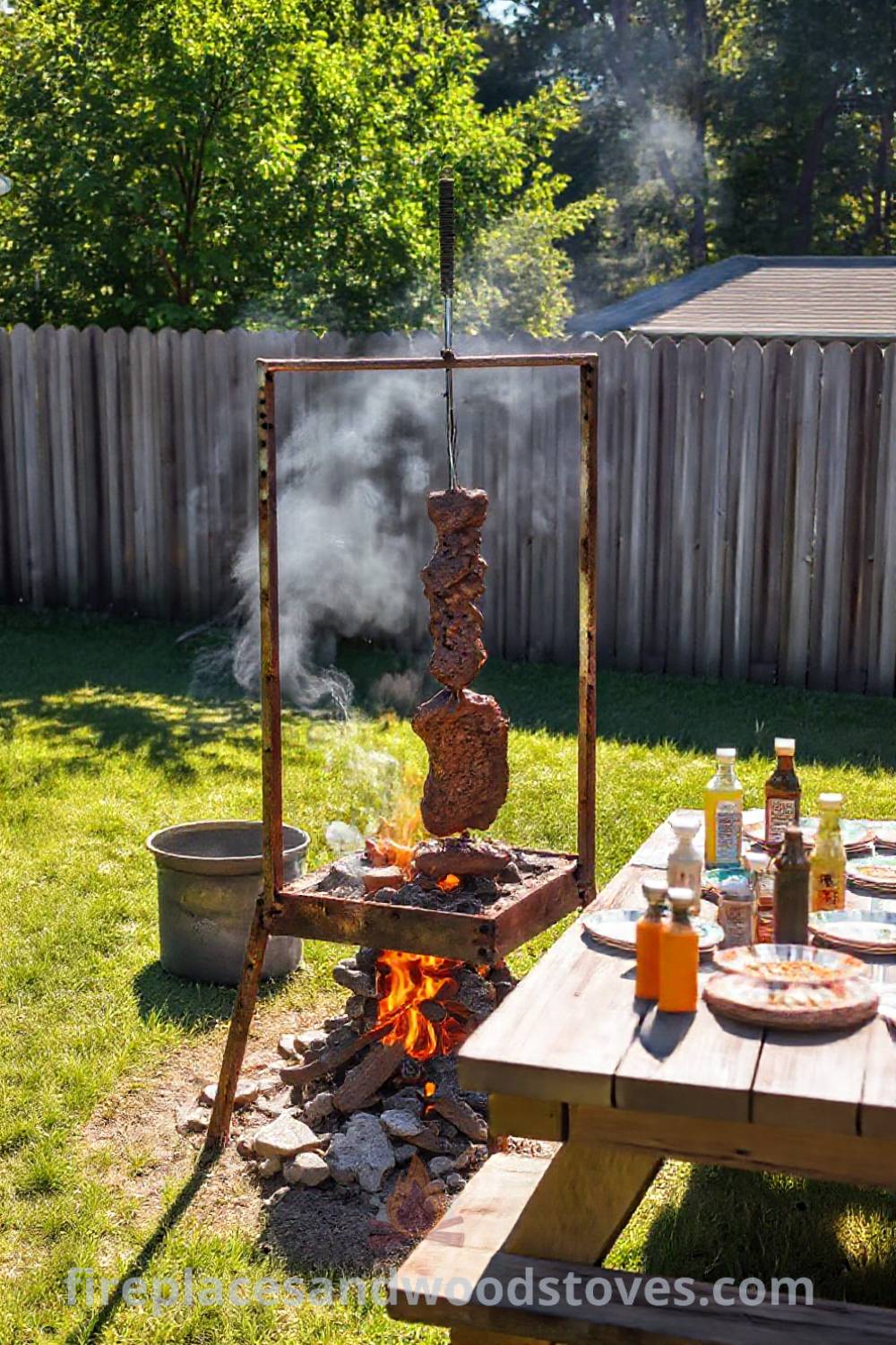 Traditional spit BBQ in a sun-drenched backyard with seasoned meat, rustic picnic table, and cheerful condiments, creating a cozy and inviting atmosphere for gatherings. Visit patioandhomefurniture.com for incredible ideas transforming your backyard.
