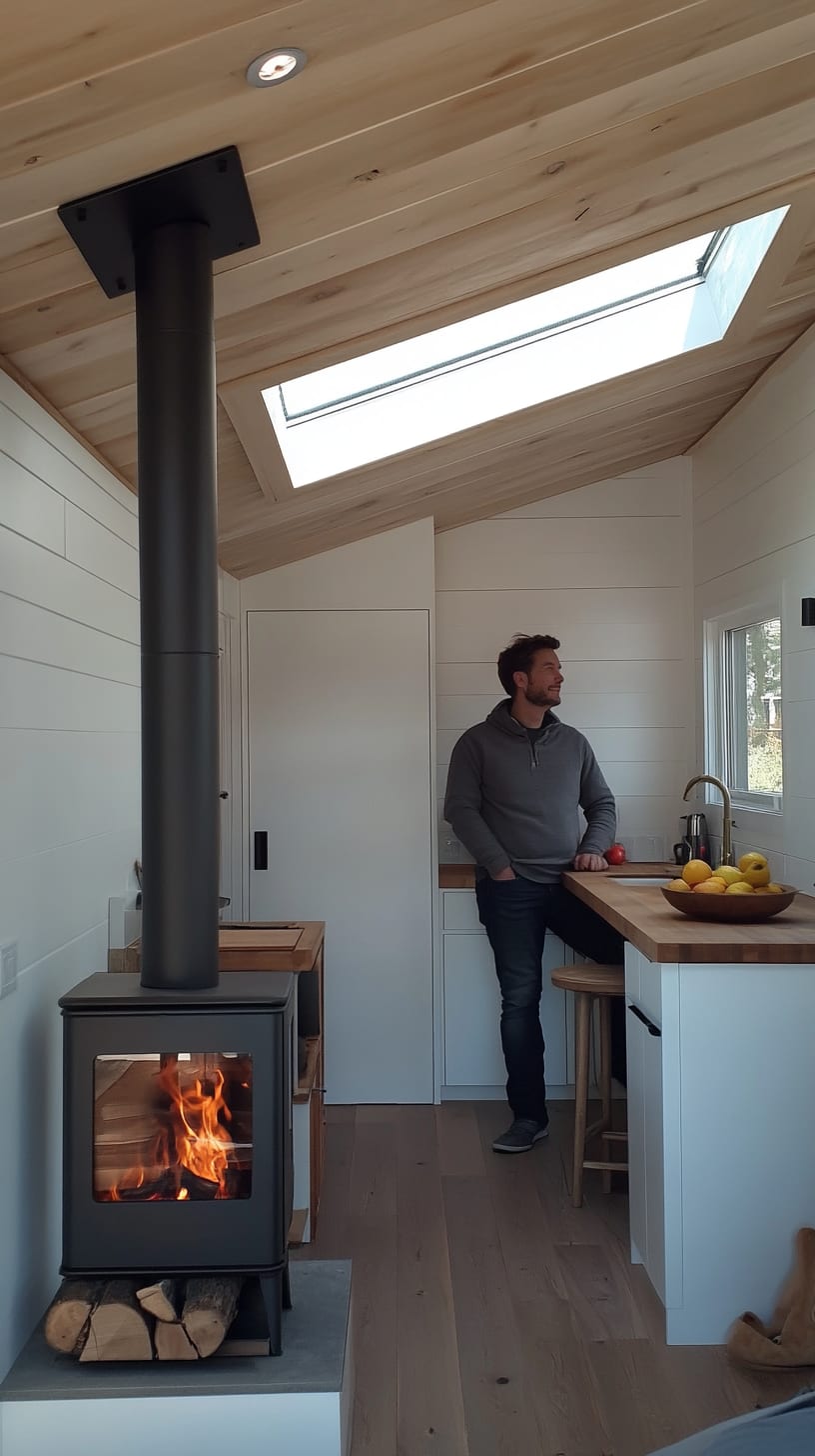 A man cooking in a bright tiny house kitchen with white walls and wooden beams, featuring a wood stove and a skylight above.