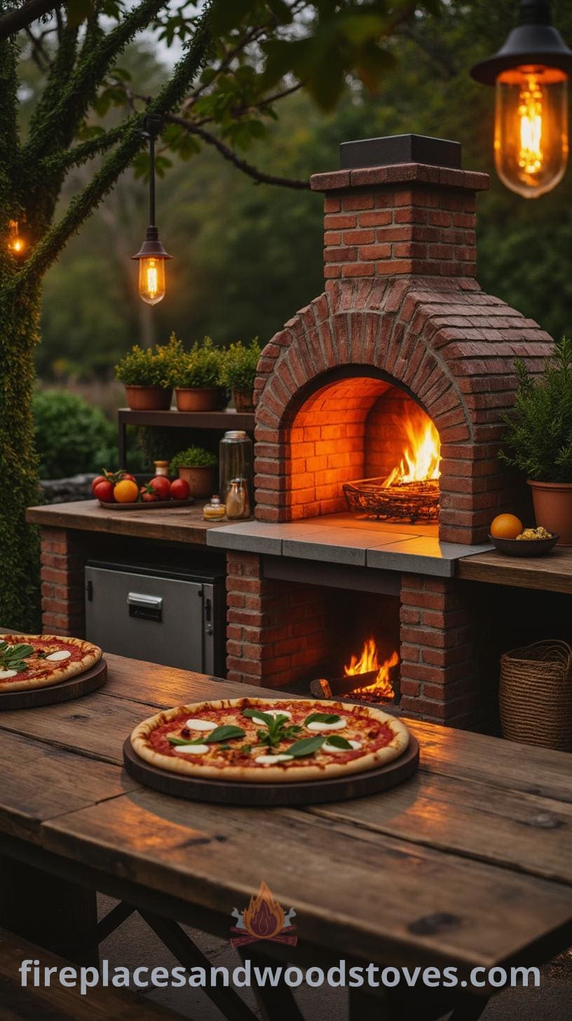 A rustic outdoor kitchen with a brick oven, surrounded by fresh ingredients, warm lights, and lush greenery, creating a cozy dining atmosphere.