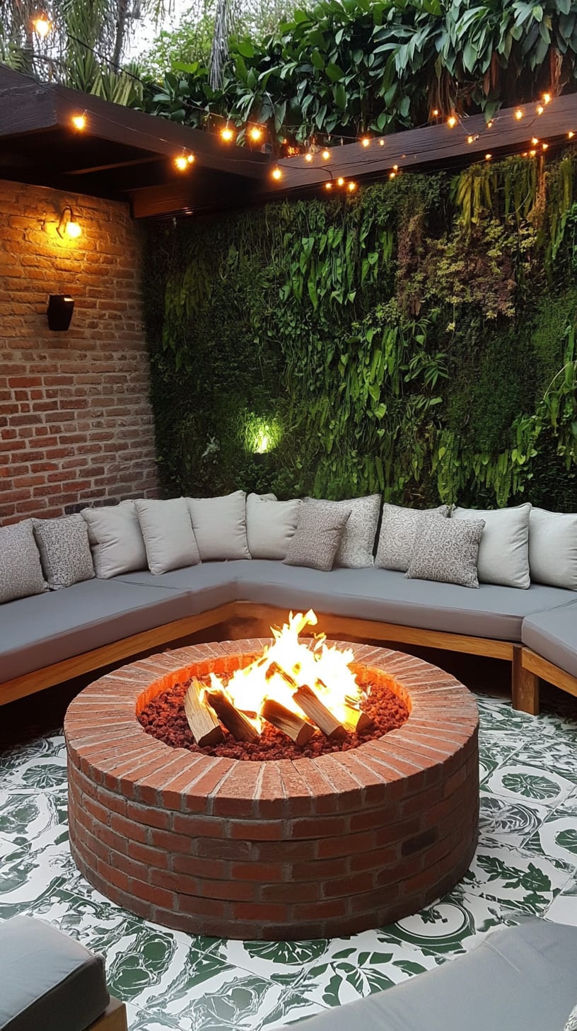 A cozy outdoor seating area featuring a round fire pit, gray cushions, string lights, and greenery, with a floral-patterned rug on a brick floor.