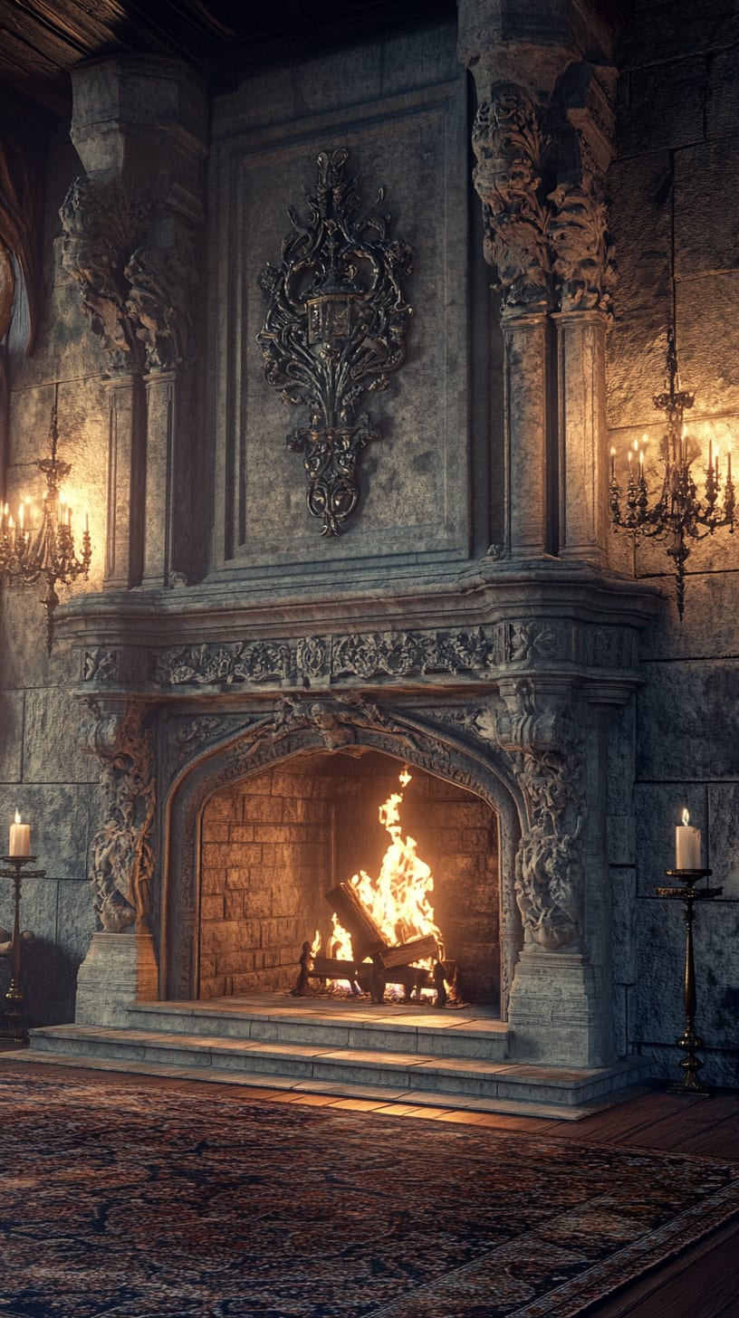 A grand fireplace in an old castle featuring intricate carvings, with a warm fire illuminating the cozy room.