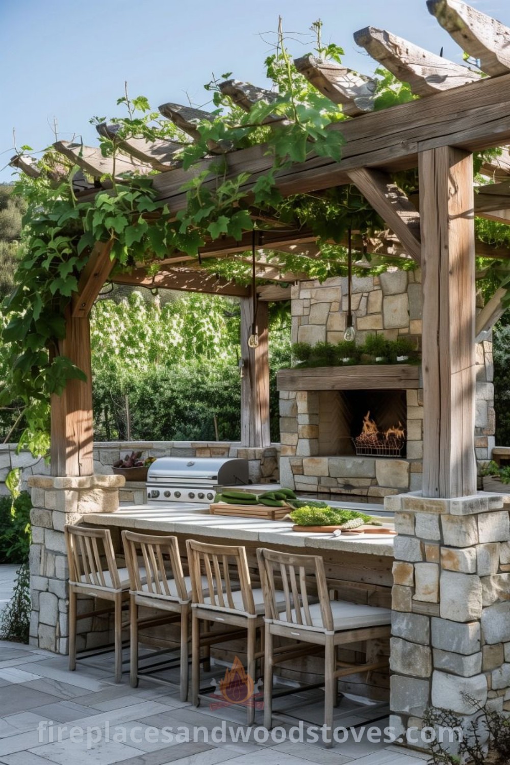 An outdoor kitchen featuring a grill and table surrounded by greenery on the patio, showcasing rustic outdoor ideas and Mediterranean style. Perfect for entertaining and transforming your backyard, explore more at patioandhomefurniture.com.