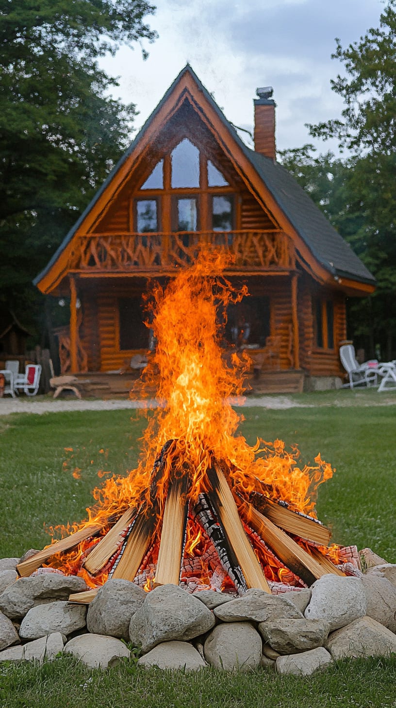 A large campfire in front of an elegant log cabin surrounded by green grass and trees, with dancing flames creating a warm and inviting atmosphere.