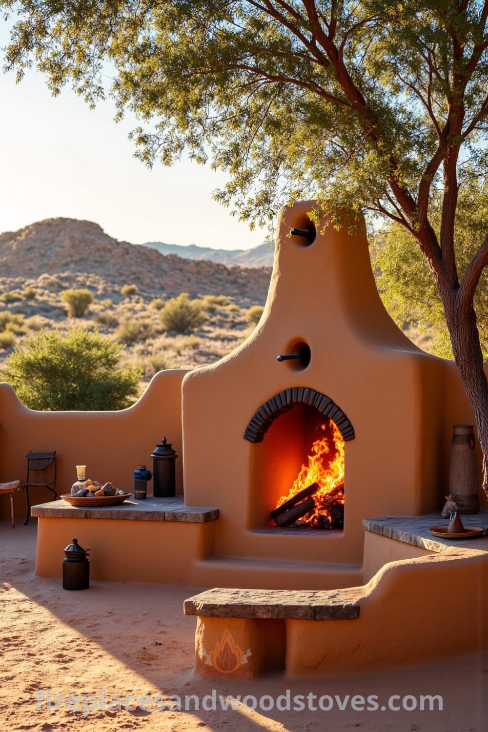 Southwestern adobe barbecue against dusty desert hills, featuring a vibrant fire over mesquite wood, a rustic wooden bench, and inviting atmosphere, perfect for cozy gatherings with friends. Find more cozy ideas at fireplacesandwoodstoves.com.