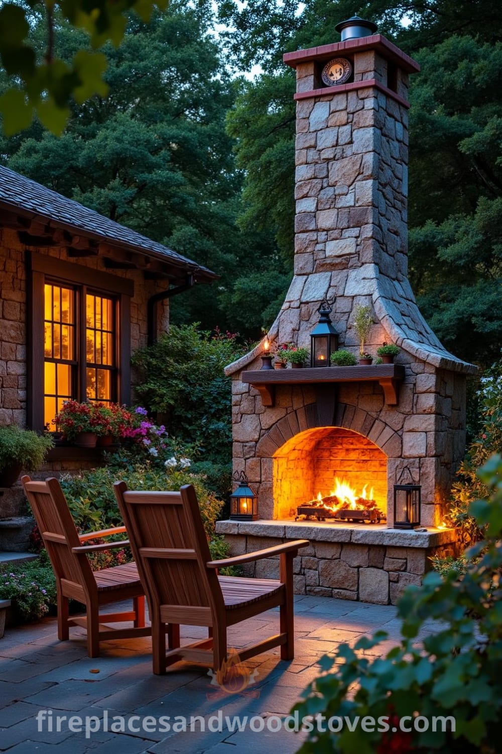 Rustic stone outdoor fireplace in a quaint garden, with warm flames flickering and illuminating the greenery, surrounded by mismatched wooden chairs, offering cozy ideas and decor inspirations for a unique outdoor space. Visit fireplacesandwoodstoves.com for more design ideas.