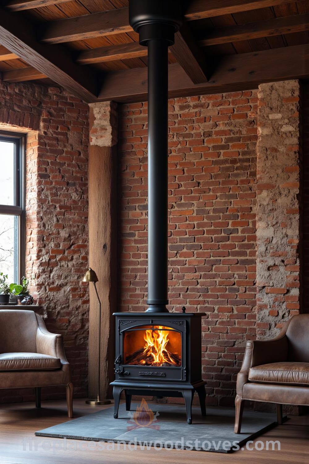 Robust industrial metal pipe woodstove fireplace anchors a loft, with flickering flames and warm glow casting over mismatched chairs and rough brick wall, showcasing cozy decor ideas and inviting ambiance. Visit fireplacesandwoodstoves.com for inspiring design ideas.