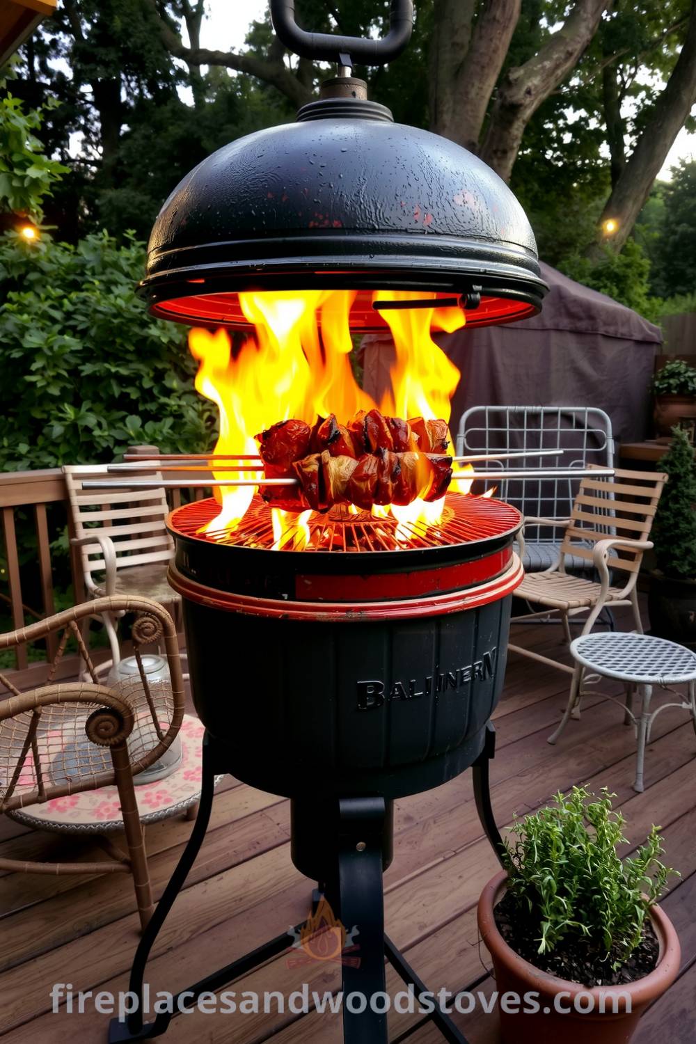 Rotisserie barbecue on a wooden deck surrounded by cozy mismatched patio furniture and pots of herbs, creating an inviting atmosphere for gatherings and outdoor cooking, featured on fireplacesandwoodstoves.com.