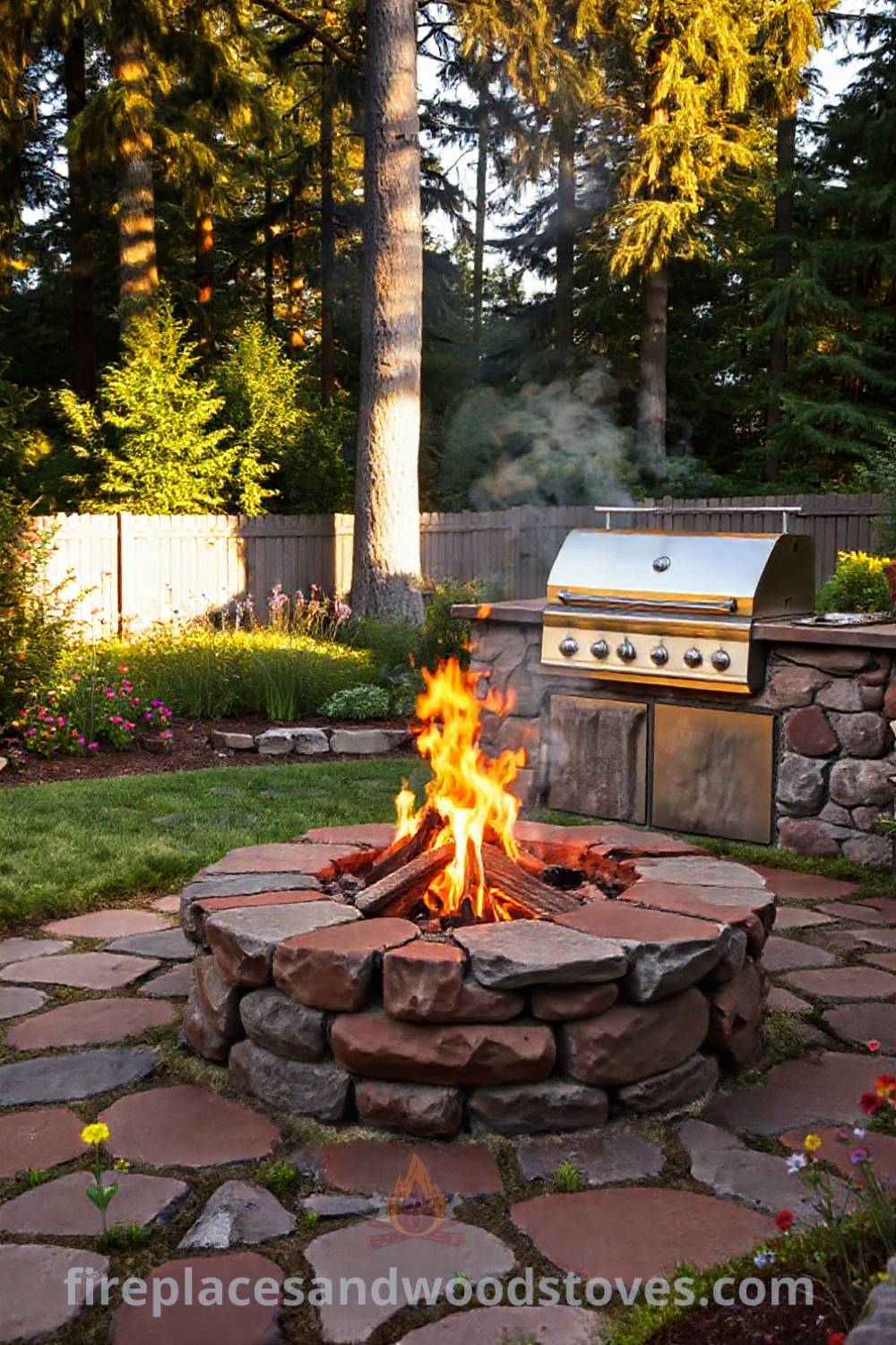Rustic stone wood-burning fire pit at the heart of a lush backyard with wildflowers, providing cozy outdoor inspiration and ideas for transforming your space. Visit patioandhomefurniture.com for incredible ideas that will wow your guests.