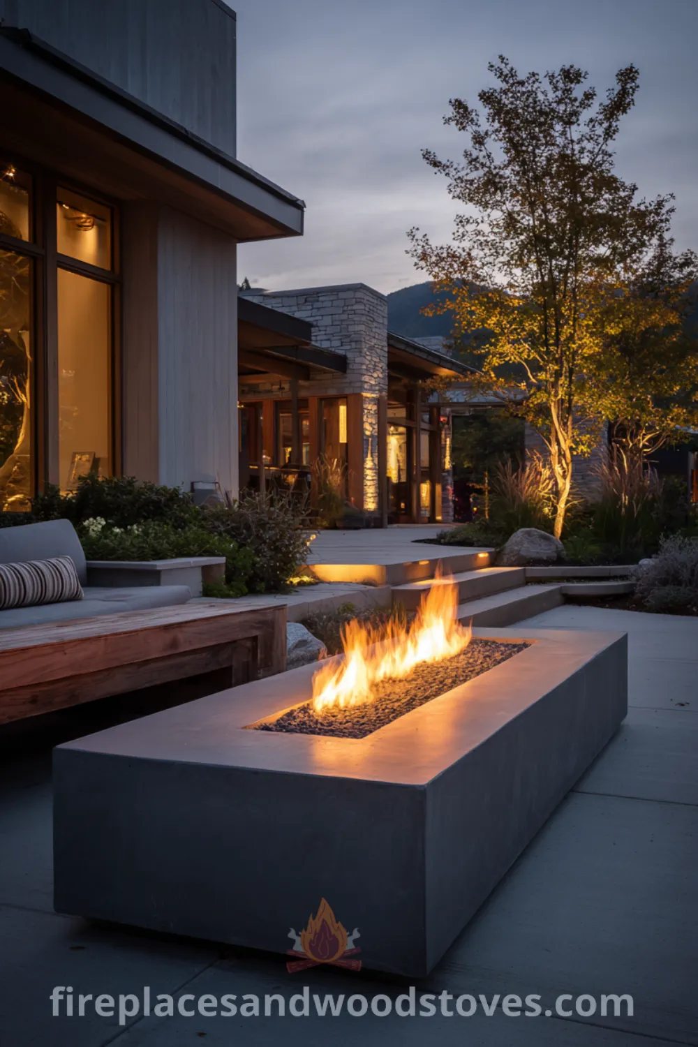 Minimalist landscape featuring a modern outdoor fireplace with dark gray concrete, sleek design, and warm fire glow.