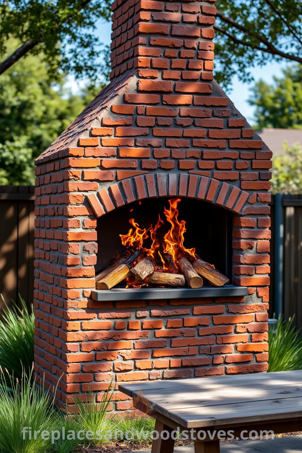 Traditional brick outdoor barbecue in a sunlit backyard with crackling wood logs, a weathered wooden table, and vibrant grass, creating a cozy and inviting atmosphere perfect for summer gatherings. Visit fireplacesandwoodstoves.com for more cozy ideas and decor inspirations.