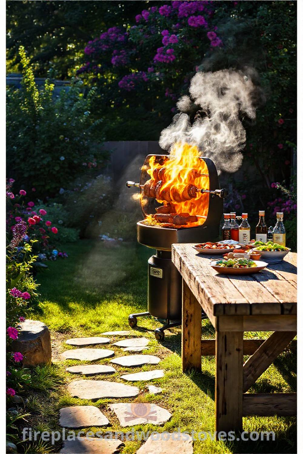 Sturdy rotisserie grill surrounded by lush greenery and vibrant flowers, creating an inviting outdoor atmosphere perfect for summer cookouts, with a rustic wooden table holding condiments and sides. Explore incredible ideas at patioandhomefurniture.com.