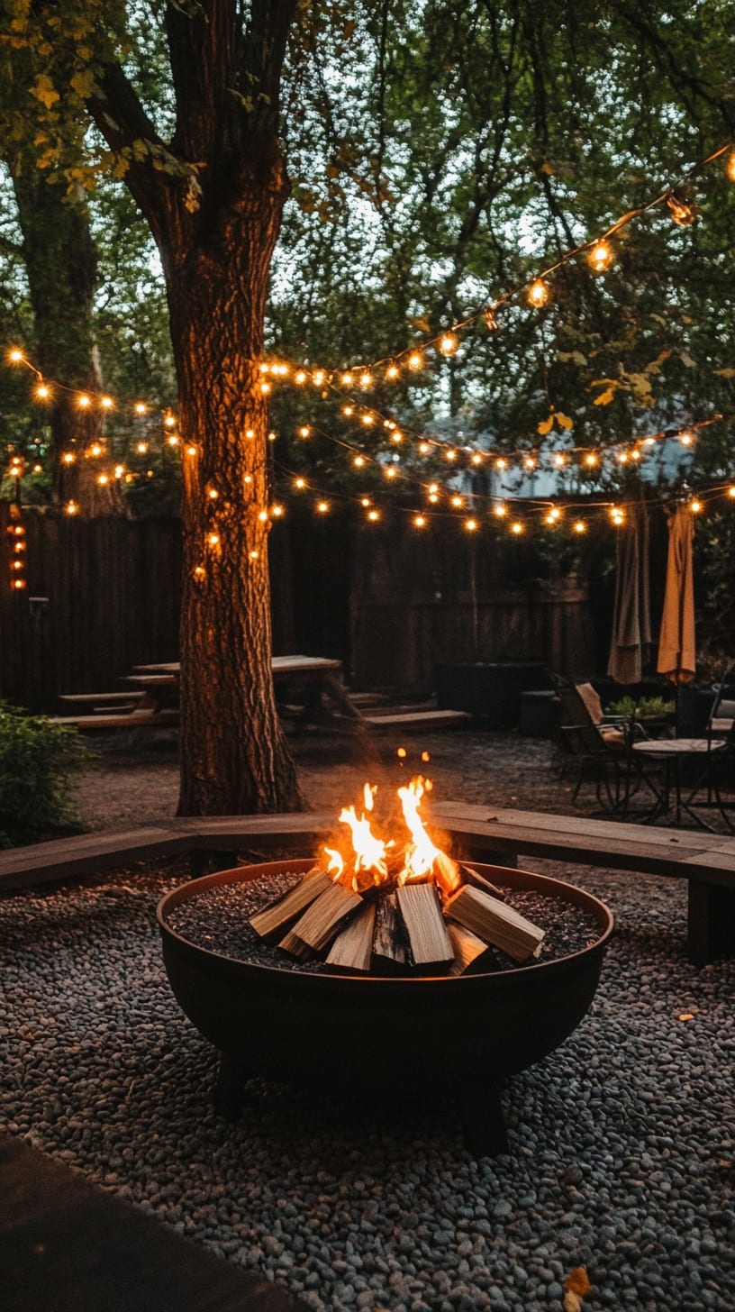 A cozy backyard with an outdoor fire pit surrounded by pebbled stones, string lights above the trees, and inviting seating arrangements, illuminated by the warm glow of flames.