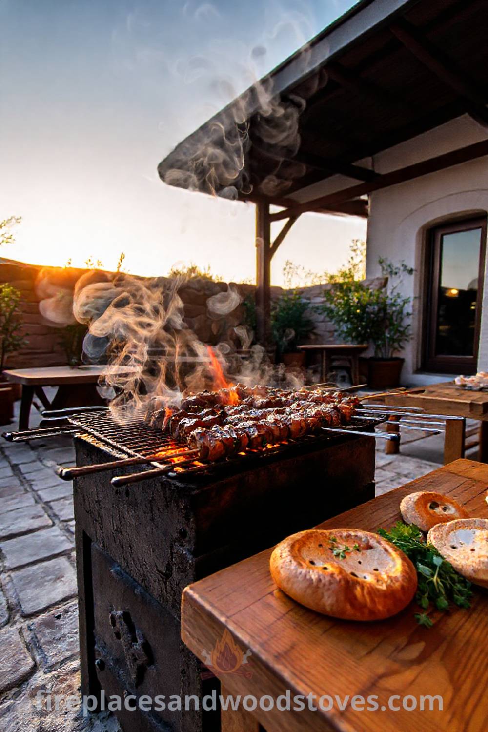 Traditional Turkish mangal barbecue in an outdoor courtyard, with skewers of marinated meat over fire, a wooden table set with fresh herbs and bread, all under a warm sunset glow. Visit patioandhomefurniture.com for stylish ideas transforming your backyard into a cozy gathering space.