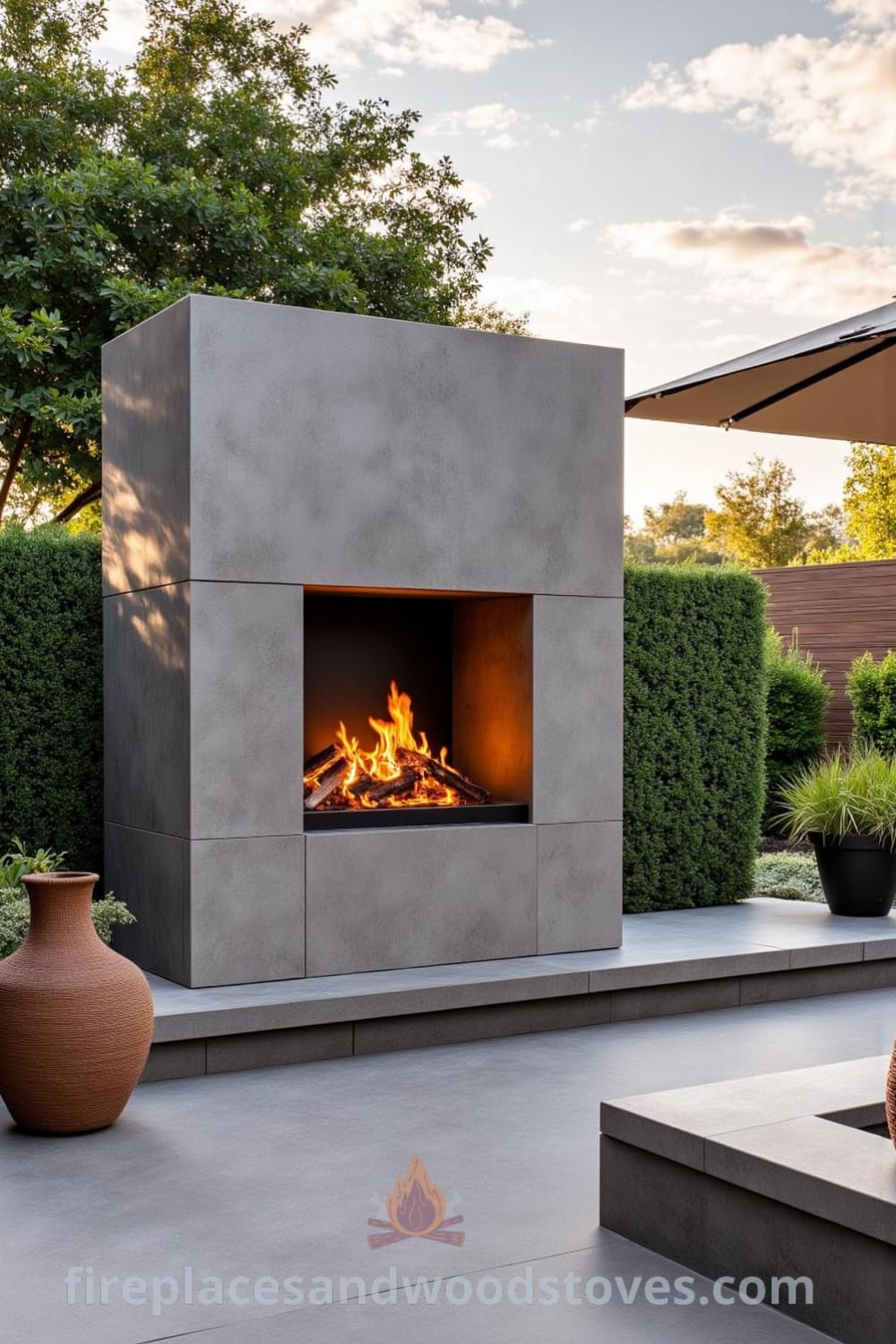 Modern concrete outdoor barbecue on a spacious patio with natural wood and stone elements, flaming fire casting flickering shadows, surrounded by potted herbs, evoking cozy ideas for outdoor gatherings. Visit fireplacesandwoodstoves.com for inspiring decor ideas.