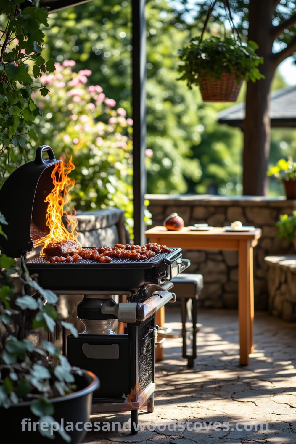 Barbecue on a sunlit patio with flames, textured stone surface, and a wooden table set with plates and condiments, surrounded by hanging herbs, offering cozy decor ideas and inspirations for your home at fireplacesandwoodstoves.com.