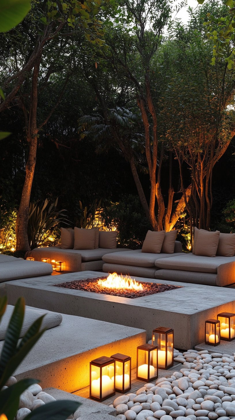 A cozy outdoor seating area featuring concrete benches, cushions, a fire pit, and lanterns, surrounded by trees and white pebbles, creating a tranquil evening atmosphere.