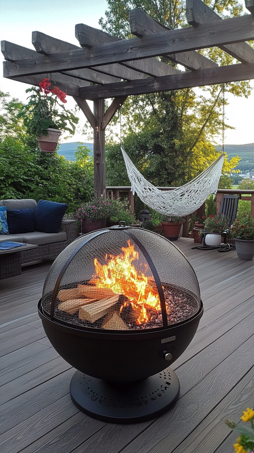 An outdoor fire pit with flames, surrounded by comfortable seating and a hammock, set on a deck with scenic views in a lush green environment.