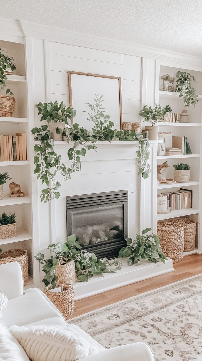 A bright and airy living room featuring a white fireplace with a greenery garland, flanked by built-in bookshelves filled with plants and decorative baskets, all in neutral tones.