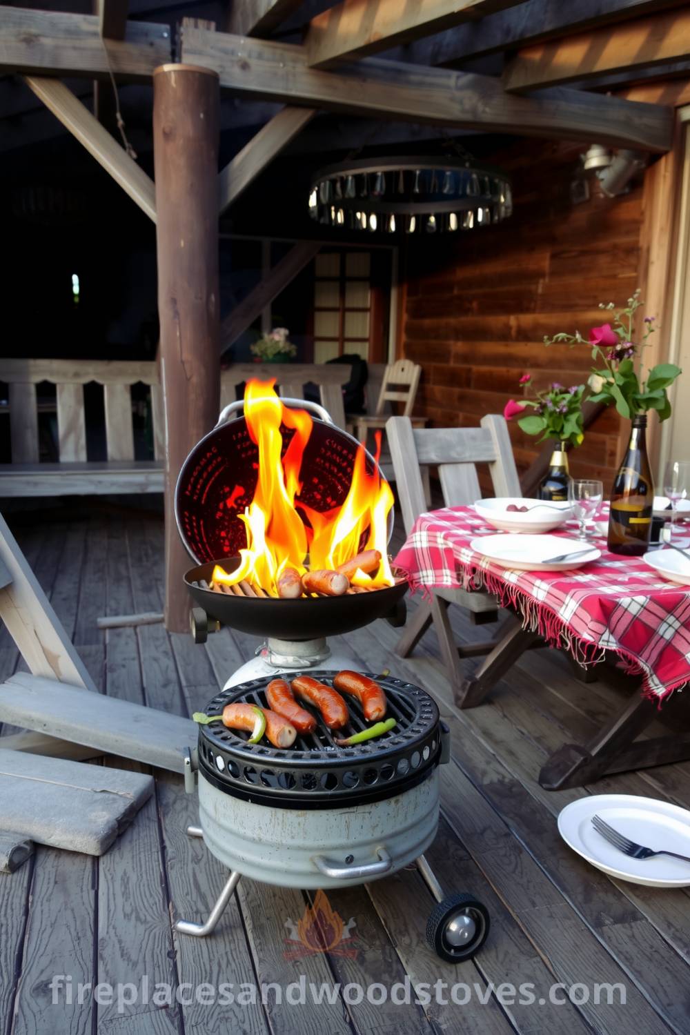 A cozy outdoor barbecue gathering on a wooden deck with a small grill, sizzling sausages and vibrant vegetables, surrounded by friends and mismatched plates, under rustic wooden beams, enhancing the warm atmosphere. Perfect for cozy home design ideas or outdoor decor inspirations. Visit fireplacesandwoodstoves.com.