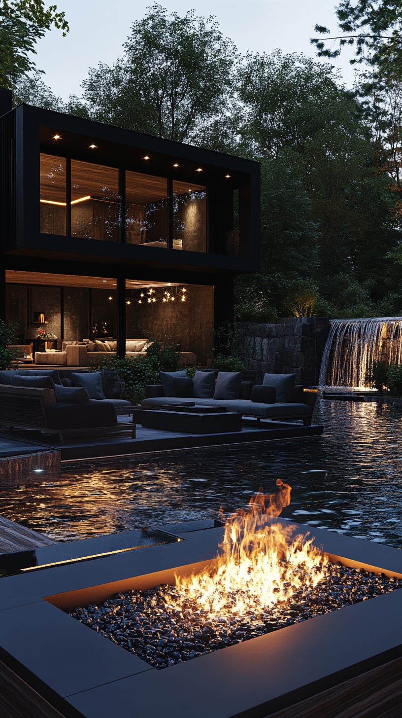 A modern black mansion with large windows, a swimming pool with a waterfall, a fire pit surrounded by outdoor seating, and an evening ambiance.