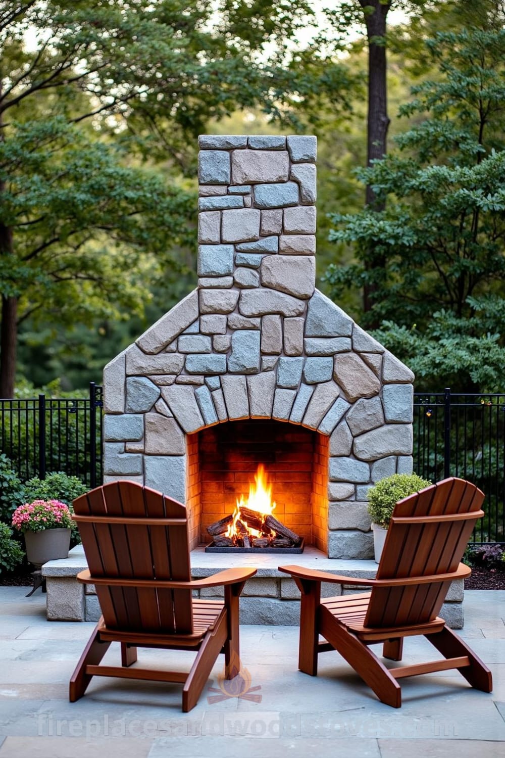Rustic stone outdoor fireplace on a charming patio surrounded by wooden adirondack chairs, casting flickering light and creating a cozy ambiance, ideal for relaxation and gatherings, featuring earthy tones and the scent of woodsmoke. Visit fireplacesandwoodstoves.com for cozy design inspirations.