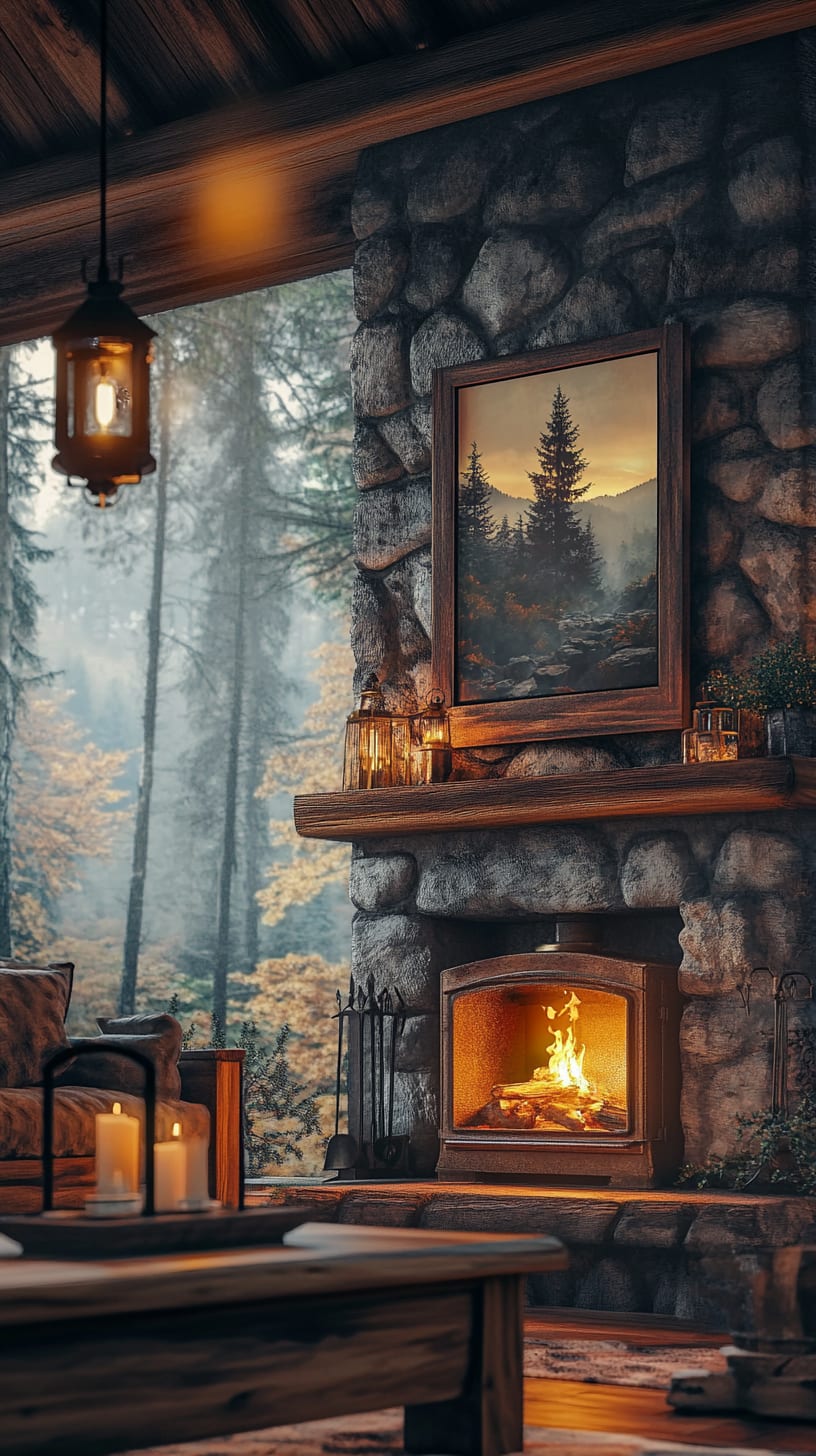 A warm and inviting rustic cabin interior featuring a stone fireplace, candles on the windowsill, and a framed painting of a forest.