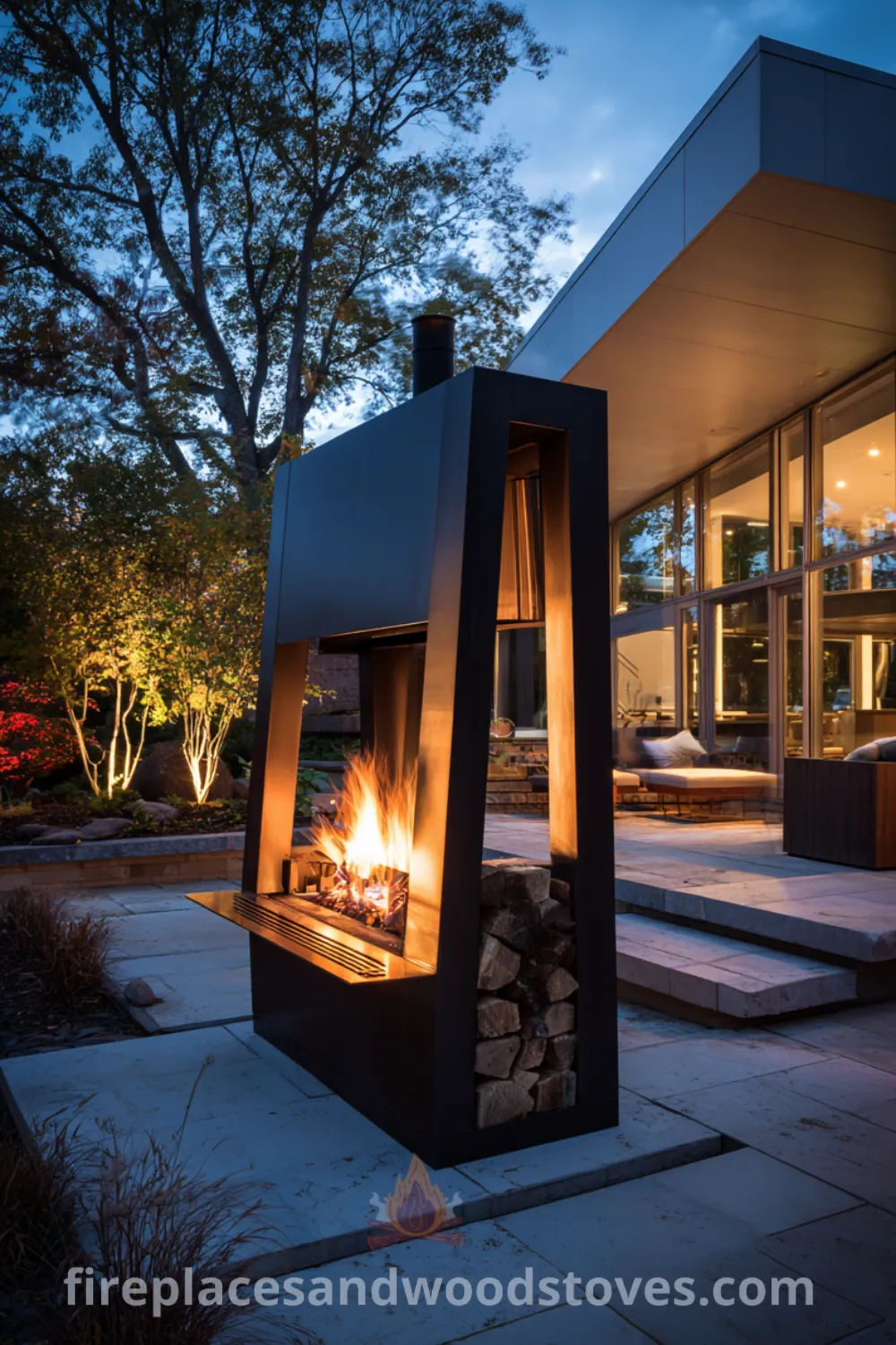 Modern minimalist outdoor fireplace with black metal frame, built-in wood storage, and tranquil outdoor space ambiance.