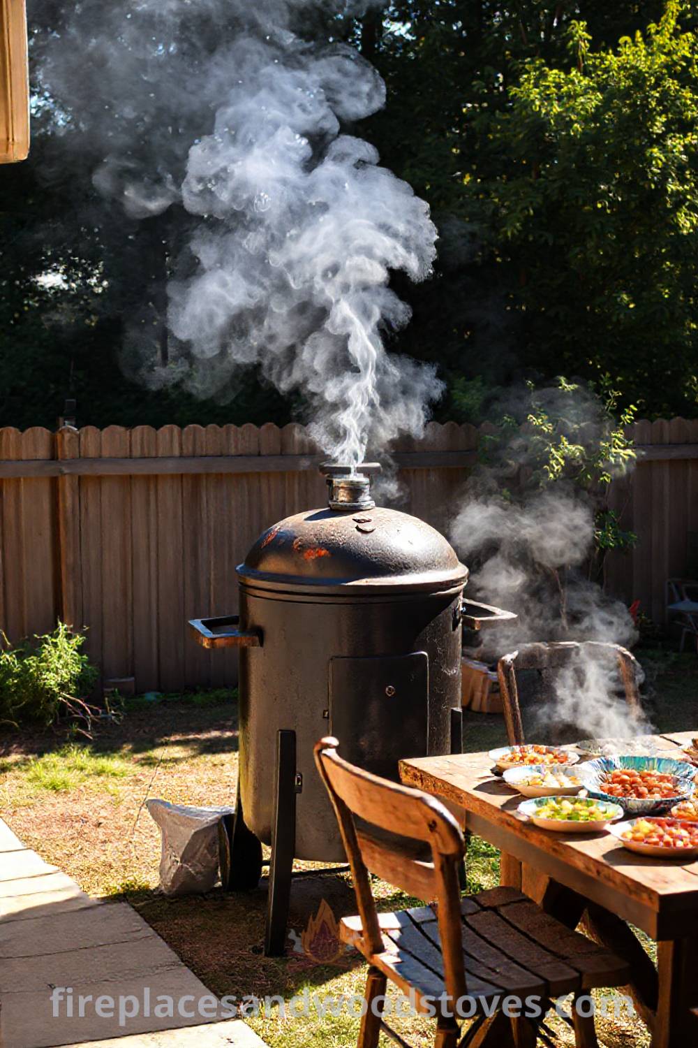 A sturdy barbecue smoker in a sun-drenched backyard corner, surrounded by colorful side dishes on a rustic wooden table and mismatched chairs, creating a cozy and inviting atmosphere for gatherings. Visit patioandhomefurniture.com for incredible outdoor design inspiration.