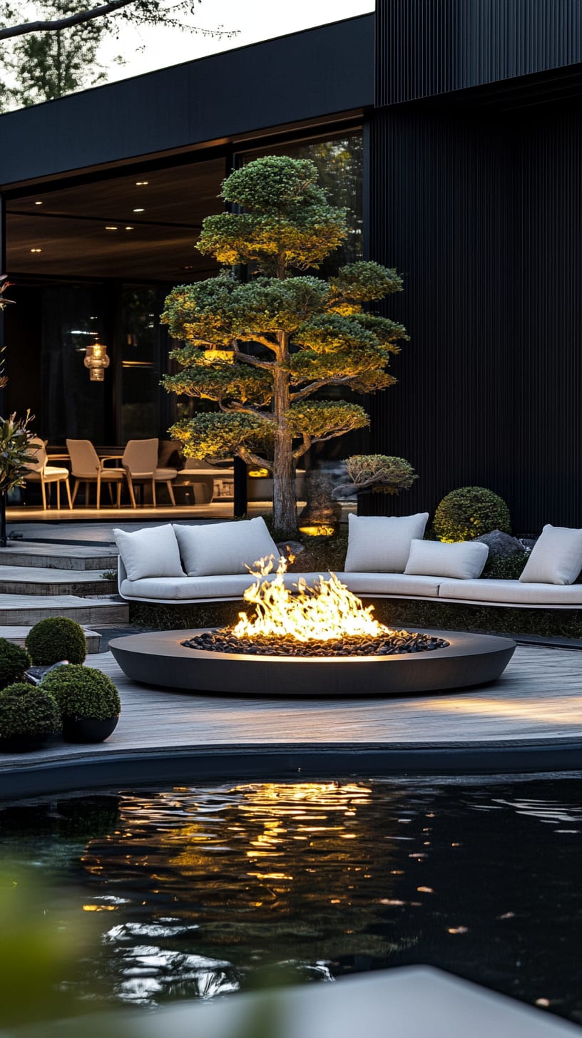 A modern outdoor setting with a fire pit surrounded by white sofas and bonsai trees, located in an elegant garden by a black house, showcasing a serene and luxurious atmosphere.