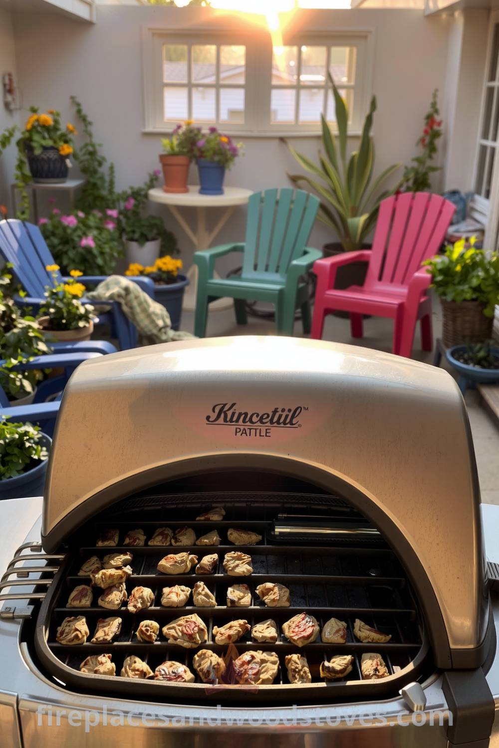 Barbecue on a sunlit patio surrounded by potted herbs and colorful garden chairs, showcasing cozy ideas for outdoor gatherings and summer decor inspirations at fireplacesandwoodstoves.com.