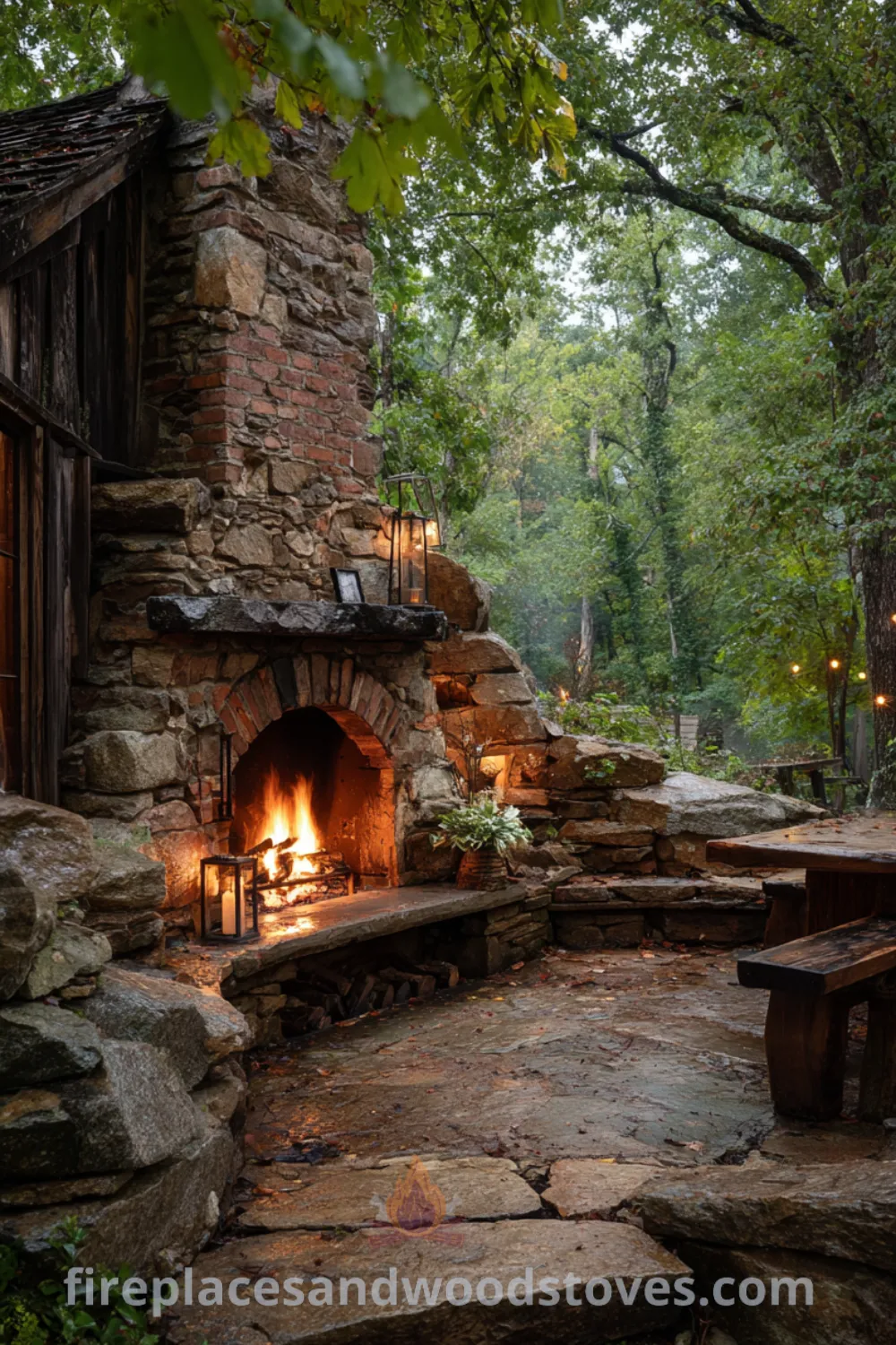Outdoor rustic fireplace with natural stone, reclaimed wood mantel, and inviting seating in a cozy outdoor space.