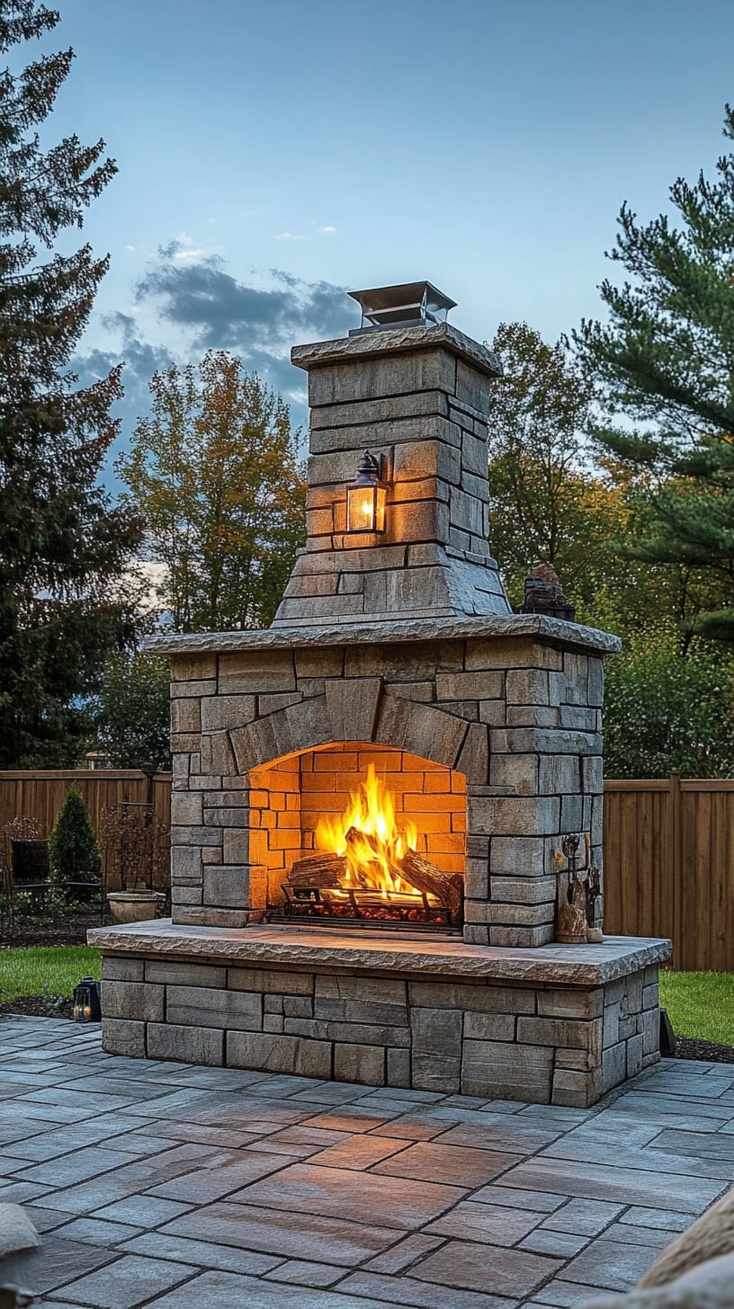 A beautiful outdoor fireplace made of stone, with a fire burning, surrounded by patio pavers in a backyard setting during dusk.