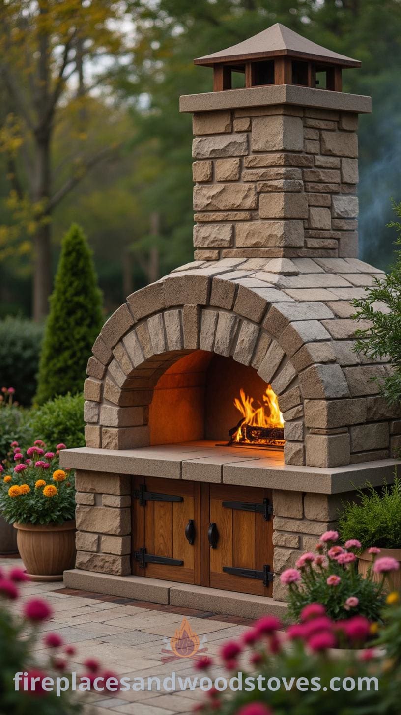 A beautifully constructed outdoor pizza oven made of stone, featuring warm lighting, a chimney, and wooden doors, surrounded by well-maintained plants in decorative pots.
